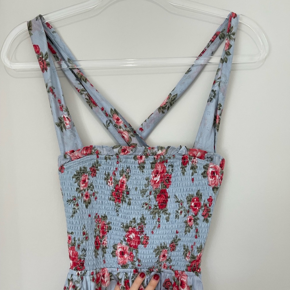 NSR blue with pink floral summer knee length dress size S Prairie Cottagecore - Picture 7 of 10